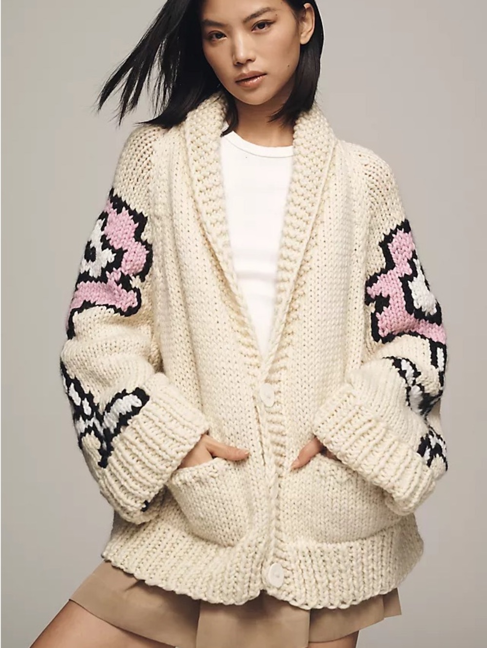 GoGo Sweater Chunky Ivory Shawl Cardigan Sweater with Pink Accent